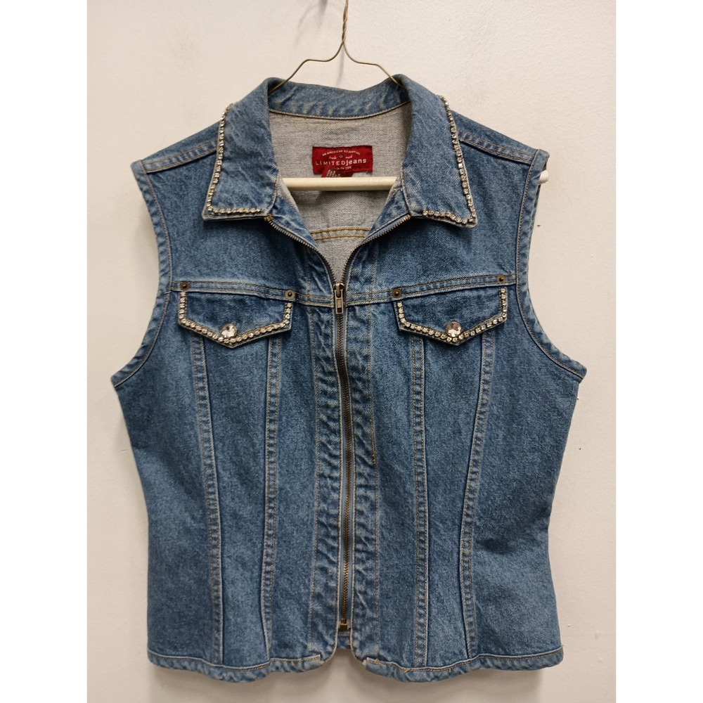 VTG‎ Y2K Limited Jeans Denim Vest Womens Medium Blue Rhinestone Trim